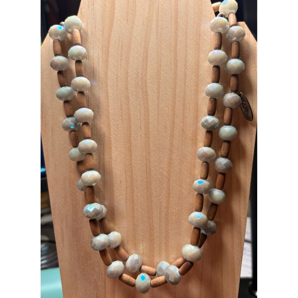 Plunder Necklace Women's 19 in Blue Brown Iridescent Good Wood Beaded Boho Long